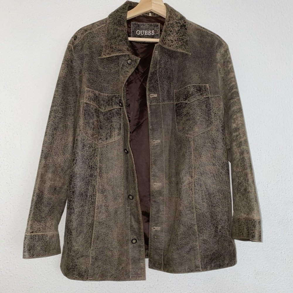 SOLD ON DEPOP - Guess Men’s Vintage Leather Jacket